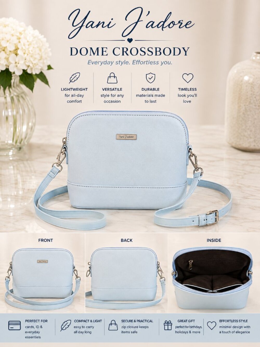 Yani J'adore Light Blue Dome Crossbody Bag Adjustable Strap Silver Hardware